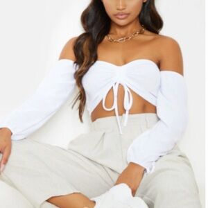 PLT, White Ruched Detail Bardot Long Sleeve Crop Top, Size 4 (small)